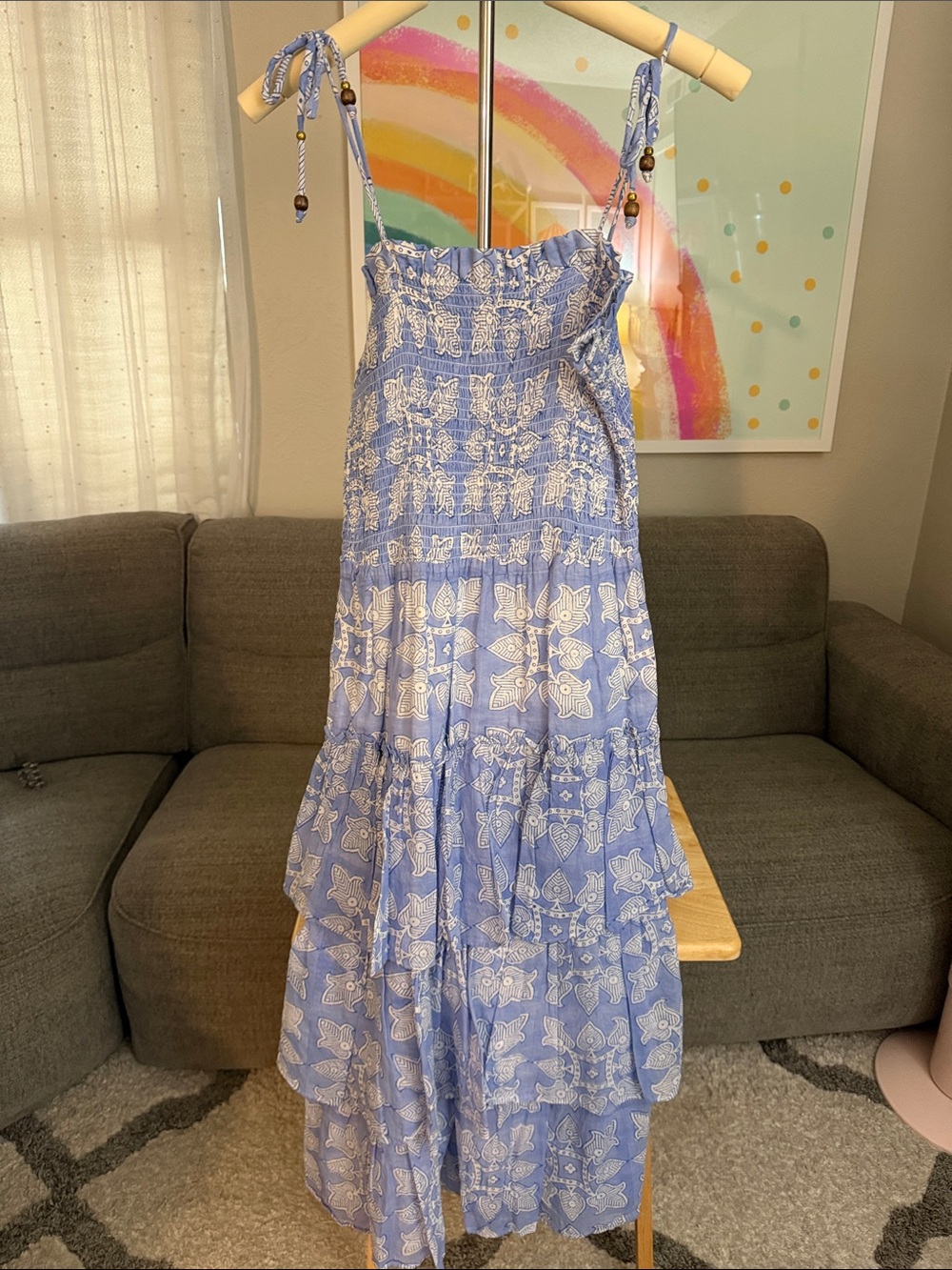 Oliphant Blue Floral Tiered Maxi Dress with Tie Straps